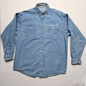 Vintage Denim Shirt Qwest Logo Blue Long Sleeve Mens Large Button Up